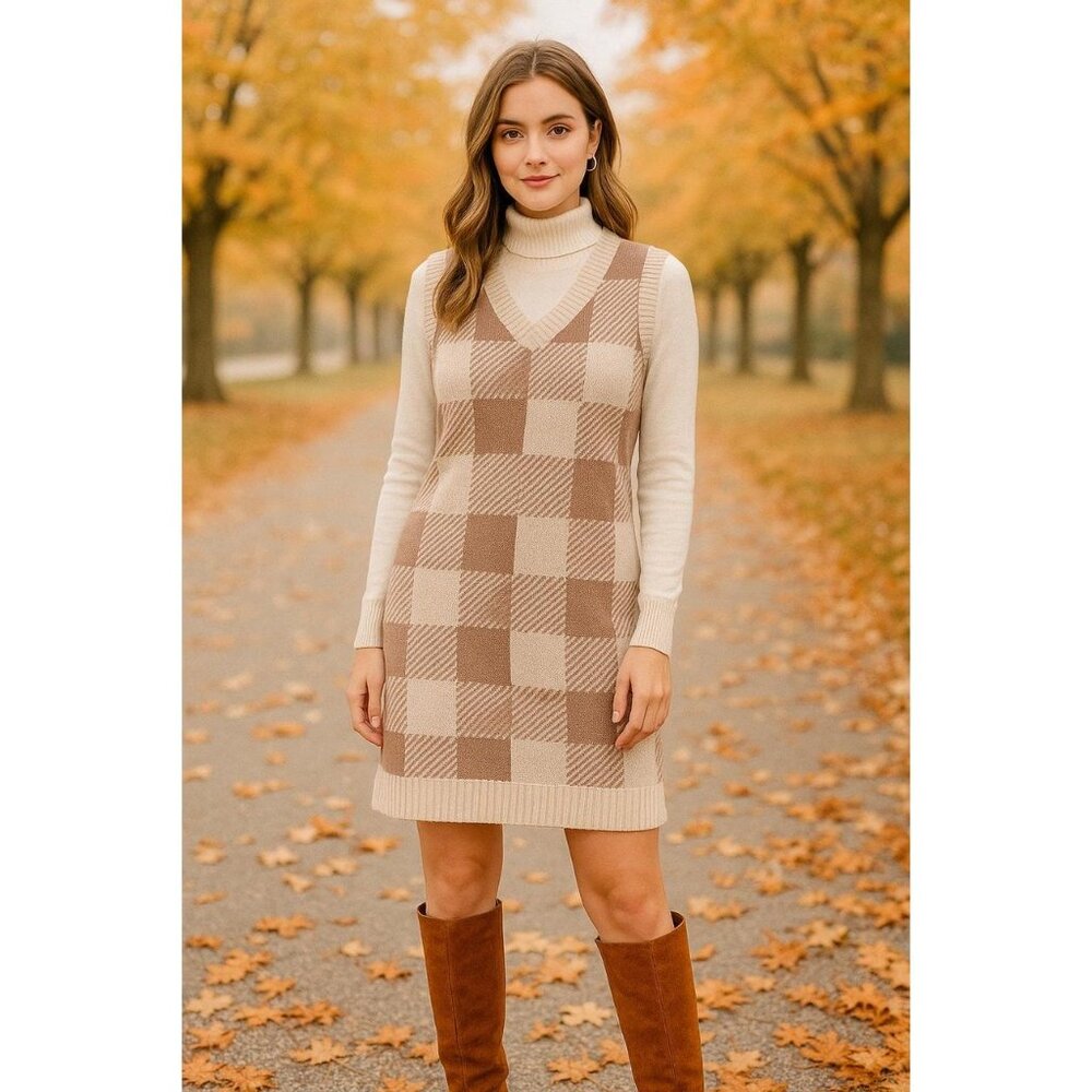 Abercrombie & Fitch V-Neck Plaid Sweater Vest - Cream and Brown